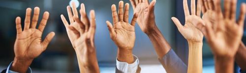Cropped shot of a group of businesspeople raising their hands Cropped shot of a group of businesspeople raising their hands